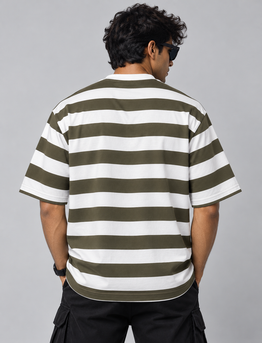 Olive Green & White Oversized Striped T-Shirt