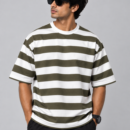 Olive Green & White Oversized Striped T-Shirt