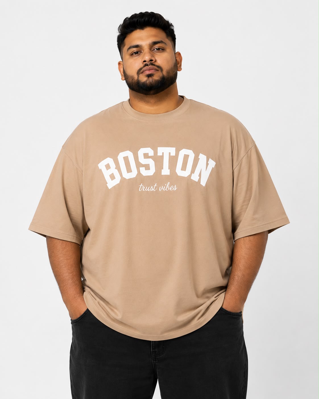 TRUST VIBES Boston Heavy Cotton Oversized T-Shirt – Beige (2XL–5XL)