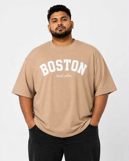 TRUST VIBES Boston Heavy Cotton Oversized T-Shirt – Beige (2XL–5XL)