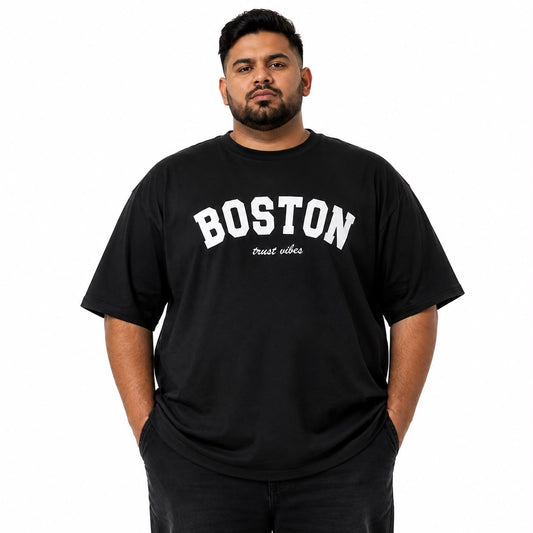 TRUST VIBES Boston Heavy Cotton Oversized T-Shirt – Black (2XL–5XL)