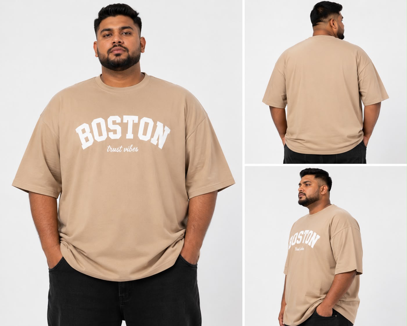 TRUST VIBES Boston Heavy Cotton Oversized T-Shirt – Beige (2XL–5XL)