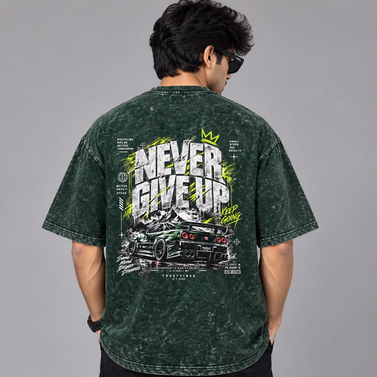 NEVER GIVE UP — Oversized Acid Wash T-Shirt
