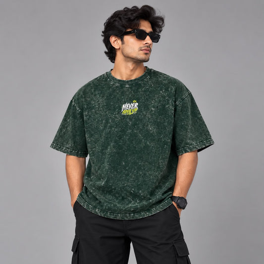 NEVER GIVE UP — Oversized Acid Wash T-Shirt