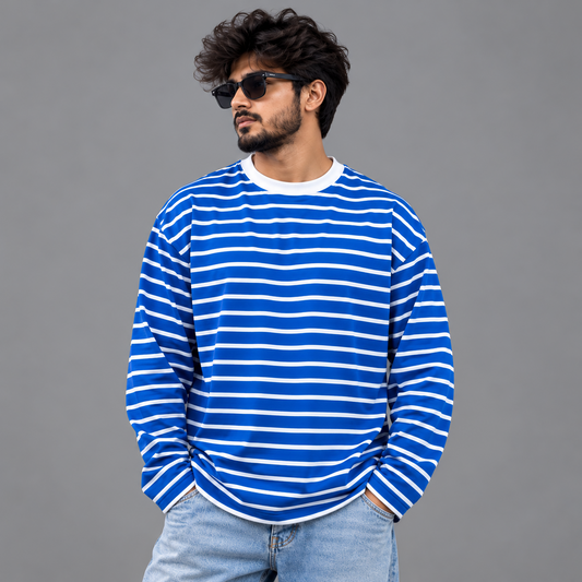 Blue and white striped oversized full-sleeve T-shirt, front model view