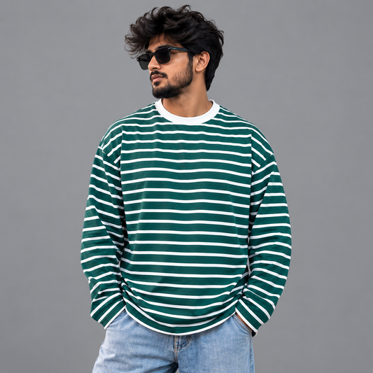 Green and white striped oversized full sleeve T-shirt, front model view